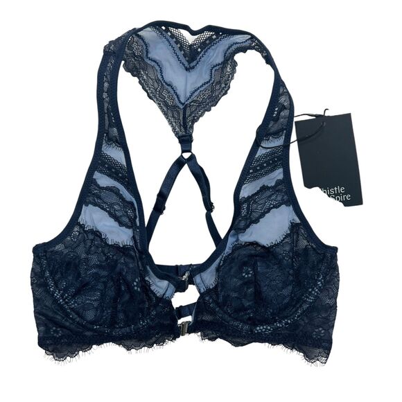 Thistle and Spire Bra Womens 32C Blue Denim Racerback Lace Festival Boudoir Sexy - Picture 1 of 6